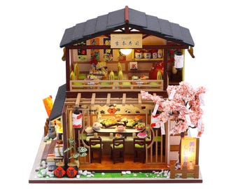 DIY Book Nook Kit Japanese Sushi Shop Miniature Dollhouse LED 3D Puzzle Gift