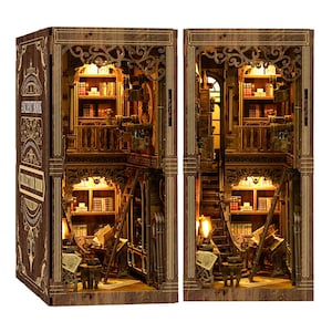 May include: A wooden miniature bookshelf with an interior design resembling an ancient library. The bookshelf is brown with intricate carvings and includes the text "ANCIENT BOOK COLLECTION BOOK". The interior is lit with warm lights, showcasing books and furniture.