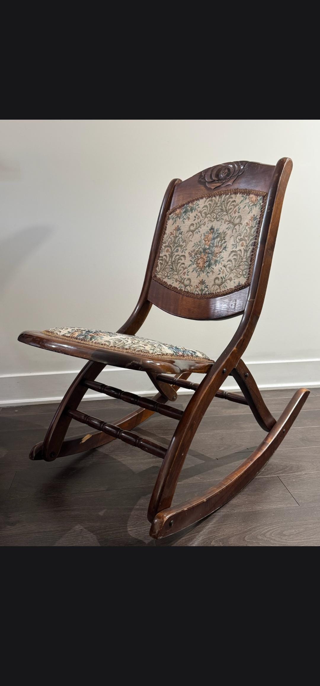 Antique Folding Rocking Chair, Wooden Rocker With Floral Upholstery - Etsy