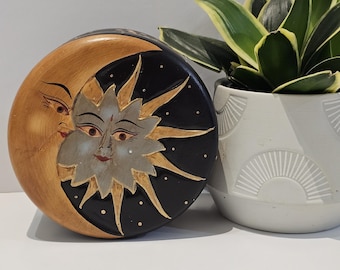 Vintage hand-painted wooden box with moon and sun celestial design