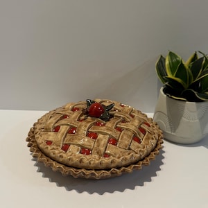 Peut inclure: Plat à tarte en céramique avec un motif de croûte en treillis. La tarte a une croûte brune avec une garniture rouge visible à travers le treillis. Une cerise rouge et des feuilles vertes ornent le dessus. Le plat est sur une surface blanche.