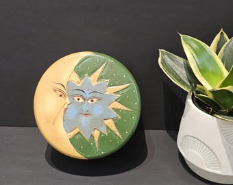 Vintage hand-painted wooden box with moon and sun celestial design