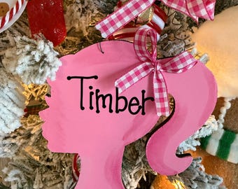 Personalized Pink Doll Christmas Ornament, Hand-Painted Wood