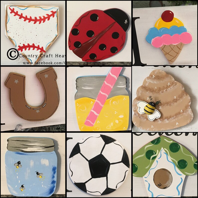 May include: Nine wooden painted shapes, each depicting a different theme.  A baseball, ladybug, ice cream cone, horseshoe, jar of lemonade, beehive, jar of fireflies, soccer ball, and a birdhouse.