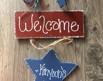 Personalized Americana Wood Door Hanger, Primitive Farmhouse Decor