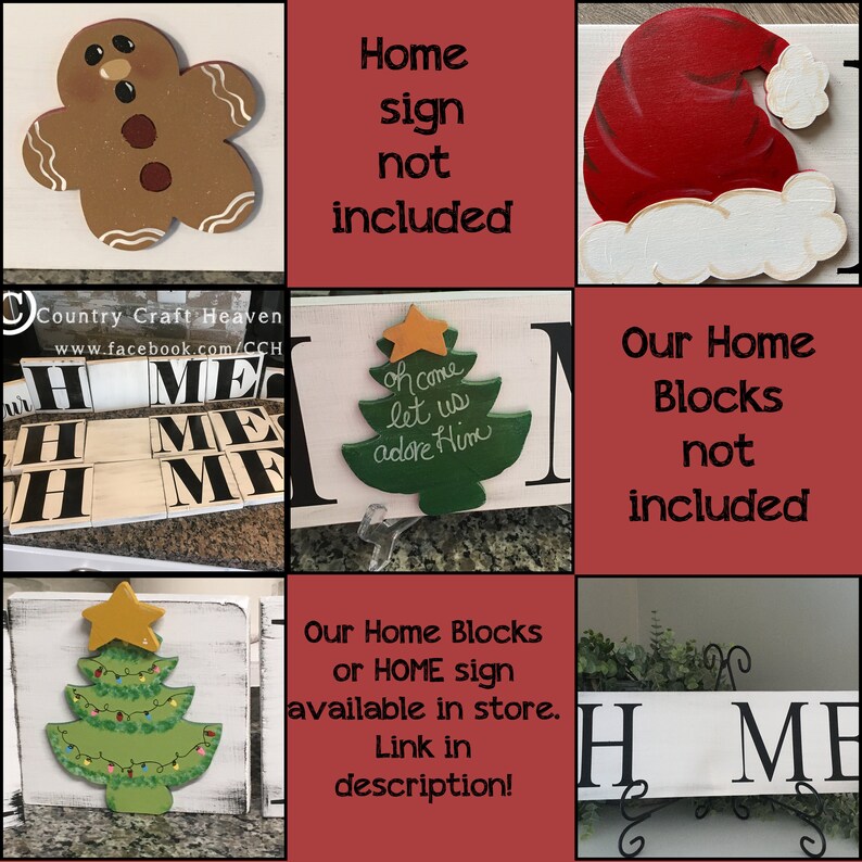 May include: A wooden sign with the word "Home" in black letters. The sign is decorated with a green Christmas tree with a yellow star on top. The sign also includes the text "Oh come let us adore Him". The sign is available in store. The image also shows a gingerbread man, a Santa hat, and wooden blocks that spell out "Home".
