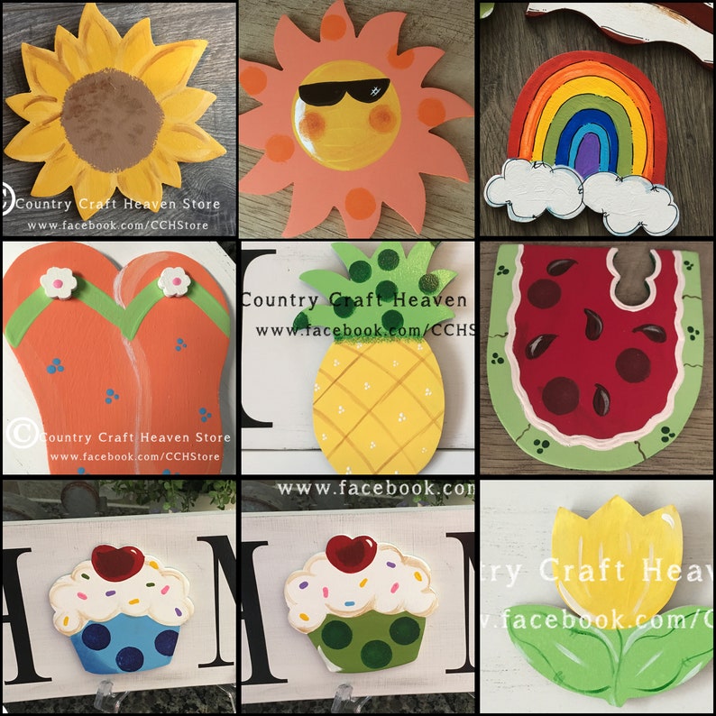 May include: A collage of painted wooden signs featuring summer themes. The signs include a sunflower, a sun wearing sunglasses, a rainbow, flip flops, a pineapple, a watermelon, a cupcake, and a tulip.