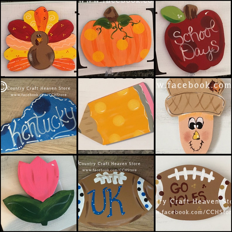 May include: A collection of nine hand-painted wooden signs featuring various themes, including a turkey, pumpkin, apple, pencil, scarecrow, tulip, and football. The signs are all painted in bright colors and have a rustic, country-style aesthetic. The signs are perfect for adding a touch of fall charm to your home decor.