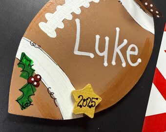 Personalized Football Christmas Ornament | Rustic Hand-Painted Wood