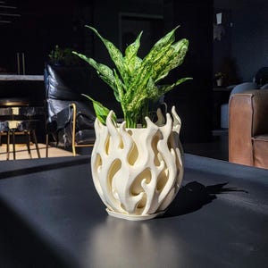 May include: A cream-coloured plant pot featuring a three-dimensional flame-like cutout design surrounding the exterior. The pot includes a matching circular base tray and contains a green and white variegated houseplant with pointed leaves.