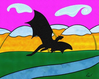 Puff - Lámina artística original de 8x10 pulgadas (Paisaje psicodélico brillante y colorido con diseño de dragón de cuento de hadas para decoración del hogar/aula/habitación infantil en impresión giclée)