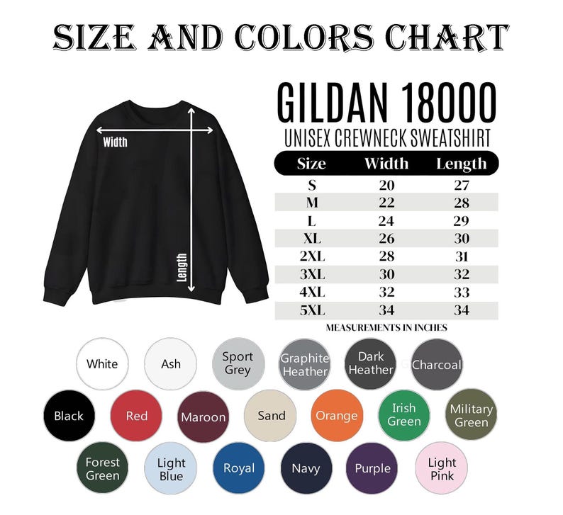Puede incluir: Una sudadera unisex Gildan 18000 negra con una tabla de tallas y colores. La tabla enumera las medidas en pulgadas para las tallas S a 5XL. Las opciones de color incluyen negro, rojo, granate y m&aacute;s.