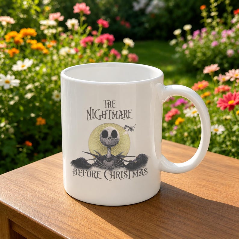 May include: A white ceramic mug featuring a graphic of Jack Skellington from The Nightmare Before Christmas. The design includes the character centered in front of a yellow moon with the movie title text printed above and below the illustration.