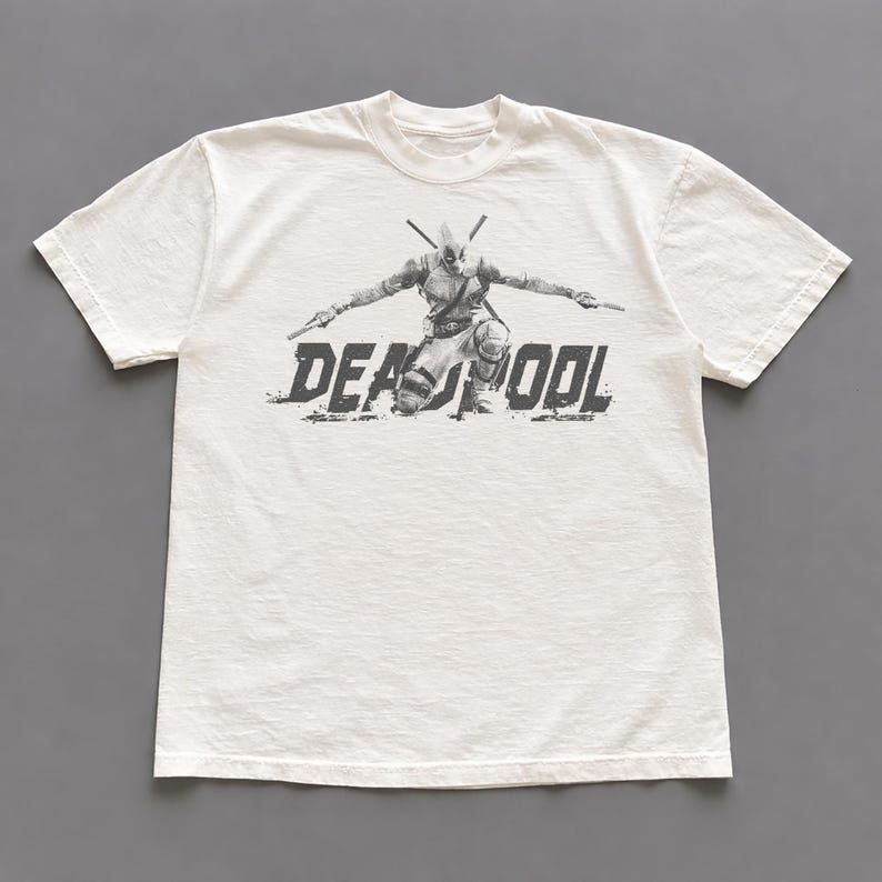 Puede incluir: Camiseta blanquecina con un gr&aacute;fico en blanco y negro de Deadpool arrodillado con armas. La palabra "DEADPOOL" est&aacute; impresa en una fuente desgastada debajo del personaje. La camiseta tiene mangas cortas y cuello redondo.