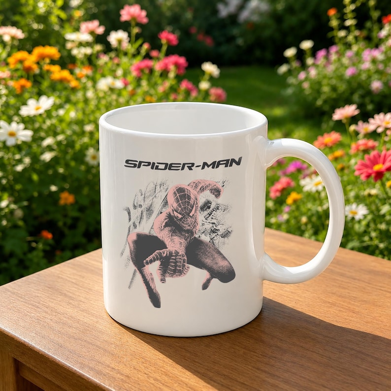 Puede incluir: Una taza de cer&aacute;mica blanca con una ilustraci&oacute;n gr&aacute;fica en negro y rojo del personaje Spider-Man en una pose agachada. El texto "SPIDER-MAN" est&aacute; impreso en una fuente negra, negrita y sin remates sobre la ilustraci&oacute;n en la parte frontal.
