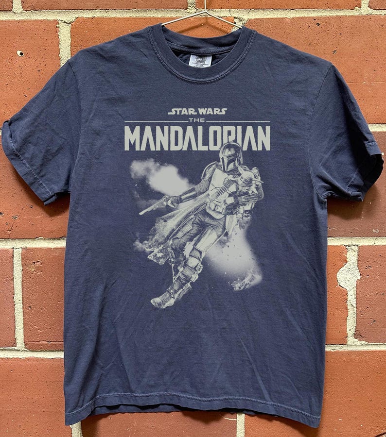 Op de afbeelding: Marineblauw T-shirt met de tekst "STAR WARS THE MANDALORIAN" en een grijze en witte afbeelding van de Mandalorian. Het shirt heeft korte mouwen en een ronde hals. Het T-shirt hangt aan een metalen hanger.