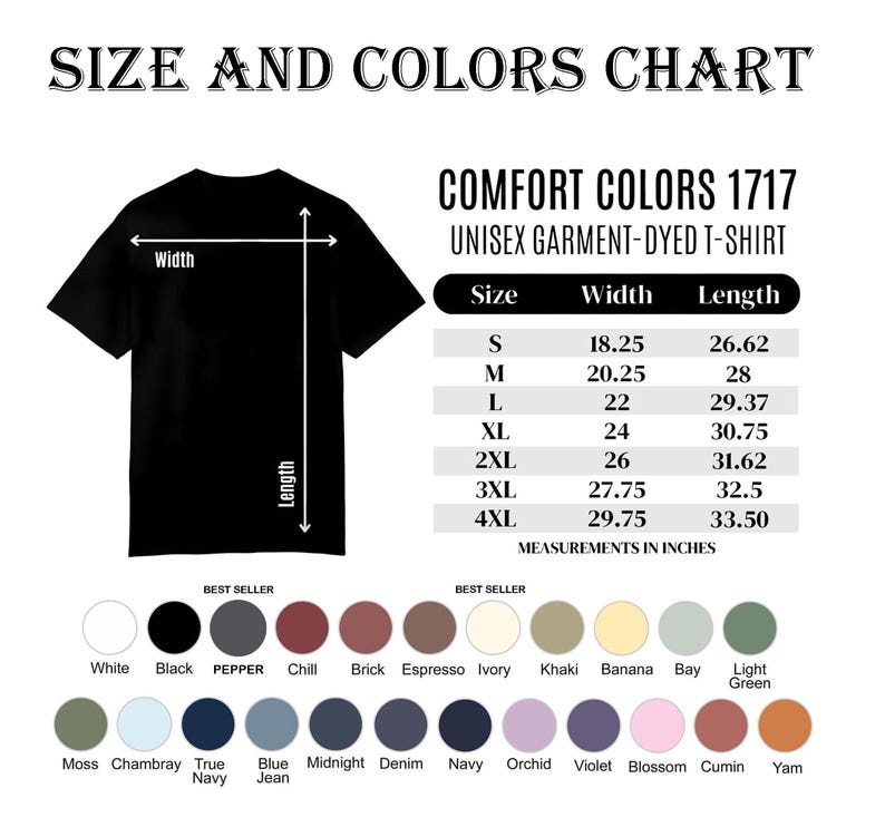 Puede incluir: Una camiseta unisex negra te&ntilde;ida con una tabla de tallas y colores. La tabla enumera las medidas en pulgadas para las tallas S a 4XL. Las muestras de color incluyen blanco, negro, pimienta y otros tonos. El texto "TABLA DE TALLAS Y COLORES" est&aacute; en la parte superior.
