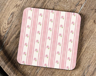 Korkuntersetzer-Set mit rosa Rosenstreifen, Vintage-inspiriert, florales Design, Geschenkidee