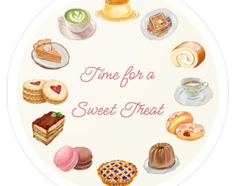 Time for a Sweet Treat Kiss Cut Vinyl Sticker Decal Watercolour Pastry Dessert Art Pudding Pie Cake Cookie Tea Macaron Tiramisu Matcha