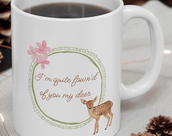 Baby Deer Round Frame Custom Text 11 15 Oz Mug | Woodland Animal Fawn Cottagecore Bow Whimsical Cup Personalized Valentines Day Gift For Her
