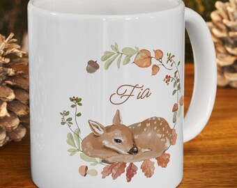 Baby Deer Botanical Wreath Custom Name 11 15 Oz Mug Woodland Animal Cottagecore Whimsical Cup Personalized Valentine's Day Gift For Her