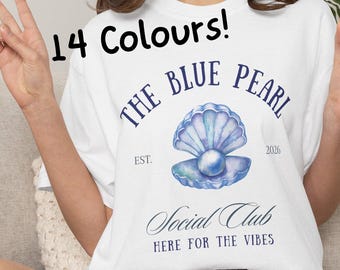Cotton Comfort Colors Custom Coastal Social Book Club Blue Pearl Shell TShirt Beach Summer Graphic Tee Bachelorette Bridal Birthday Party