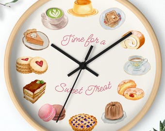 Time For A Sweet Treat Whimsical Dessert Art Wooden Wall Clock Cute Cozy Cottagecore Home Decor Cake Pie Tea Donut Macaron Cookie Graphics