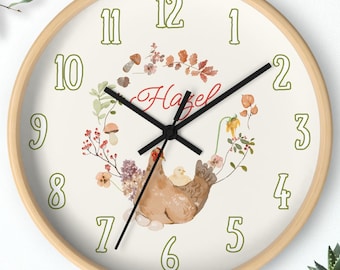 Chicken Custom Name Handdrawn Art Wooden Numbered Unique Wall Clock Hen Nursey Boho Autumn Farmhouse Home Decor Classroom Gift For Teacher