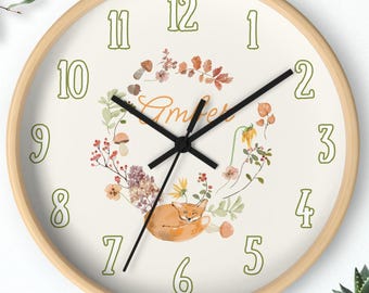 Sleepy Kit Custom Name Autumn Handdrawn Watercolor Art Numbered Wall Clock Baby Fox Nursey Farm Kid Bedroom Home Decor Unique Classroom Gift