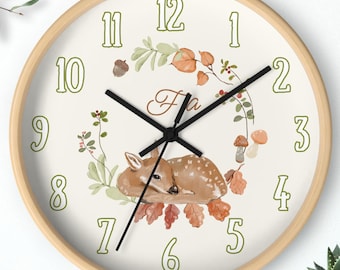 Fawn Custom Name Botanical Watercolour Art Numbered Wall Clock Unique Baby Deer Woodland Nursey Farmhouse Bedroom Home Decor Classroom Gift