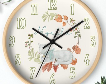 Baby Lamb Custom Name Botanical Handdrawn Watercolour Art Wooden Numbered Wall Clock Sheep Baby Nursey Kid Bedroom Home Decor Classroom Gift