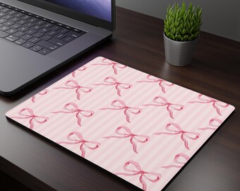 Pink Ribbon & Stripe Mouse Pad 9.3" × 7.8" Coquette Cute Watercolour Rectangular Non Slip Rubber Mouse Mat Gift For Work School Gaming Setup