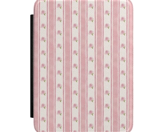 Pink Rose Stripe Floral Kindle Paperwhite Signature Case Vintage Inspired Whimsical Cottagecore E Reader Cover Accessory Cute Bookish Gift