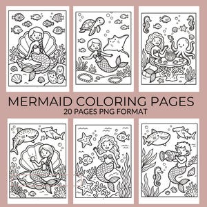 Może przedstawiać: Czarne i białe strony do kolorowania z syrenami, stworzeniami morskimi i podwodnymi scenami. Wyświetlany jest tekst "MERMAID COLORING PAGES" i "20 PAGES PNG FORMAT". Obrazy przedstawiają syreny, ryby i inne życie morskie.