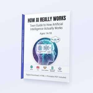 Op de afbeelding: Een boek getiteld How AI Really Works: Teen Guide to How Artificial Intelligence Actually Works Ages 14-18. De kaft toont een blauw oplichtend silhouet van een menselijk hoofd met neurale netwerkdiagrammen en diverse iconen.