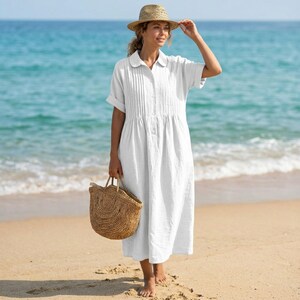 white linen shirt dress Mixed  isobel & cleo and cinched at the waist with a tie belt White Dress, Linen Dress, Modest