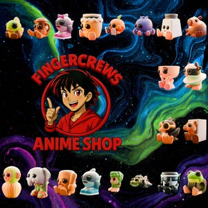 May include: A selection of vibrant, cartoon figurines, depicting various animals and characters, set against a cosmic backdrop. The image includes the text "FINGERCREWS ANIME SHOP" and a cartoon character.