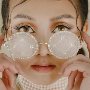 Silver Crystal Embellished sunglasses, lace crystal stunners, Jeweled stunners, wedding sunglasses, bridal glasses, circle sunglasses