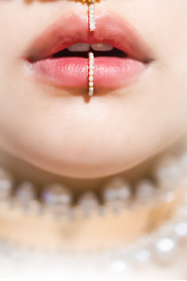 gold Jeweled faux lip ring, faux pearl lip ring, minimal lip ring, no piercing required thick lip ring, mouth jewel, horseshoe lip cuff image 1