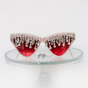 Oversized Pink Cat eye Sunglasses, red lens, green lens Jeweled Sunglasses, black princess Embellished Sunglasses, Crystal fringe sunglasses