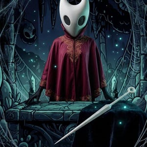 May include: A character from the video game Hollow Knight, wearing a white mask and a burgundy cloak with gold embroidery. A white sword rests on a black surface. The background features a dark, stylized environment with glowing blue accents.