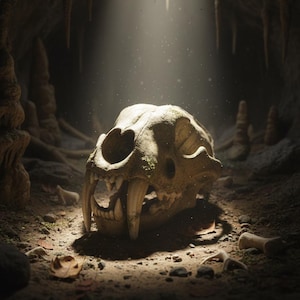 May include: A detailed image of a saber-toothed tiger skull resting on a cave floor. The skull is off-white with visible teeth and a touch of green moss. The scene is lit by a shaft of light, creating a dramatic effect.