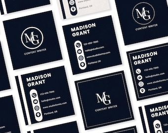 Navy Blue Square Business Card Template 4 Template Bundle | Modern Minimalist Design (Digital Download)