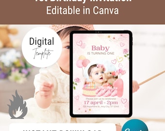 Invitación de primer cumpleaños: Plantilla editable de Canva para fiesta de cumpleaños, descarga digital