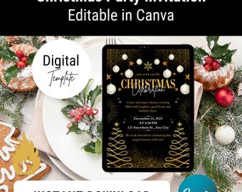 Plantilla de invitación para celebración navideña: invitación digital editable de Canva para fiesta navideña, descarga instantánea