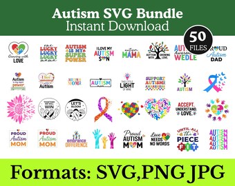 Paquete SVG de concientización sobre el autismo: Clipart PNG de cinta de rompecabezas, diseño digital JPG para camisetas