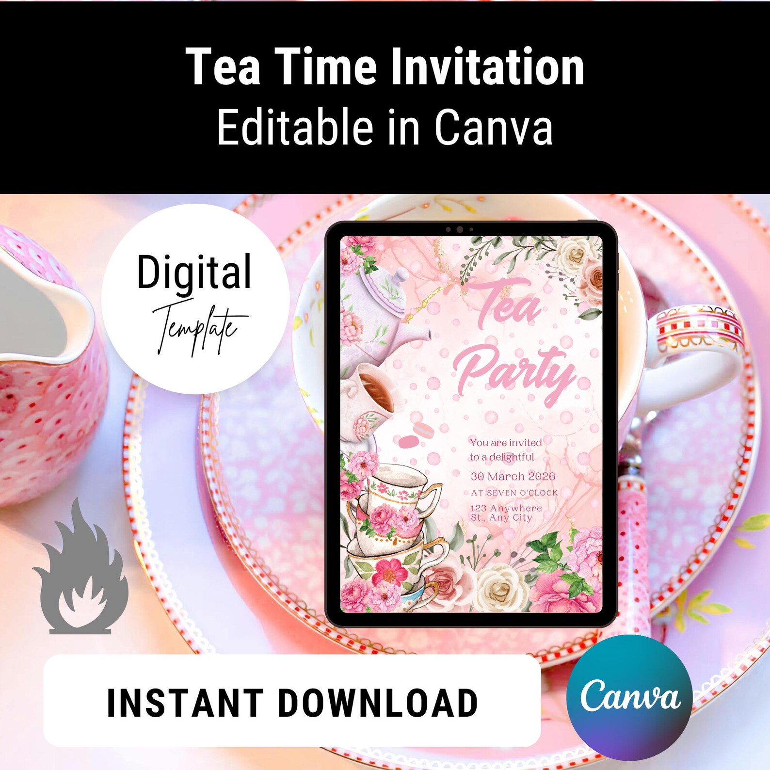 Tea Party Invitation Template: Canva Editable Printable Invite ...