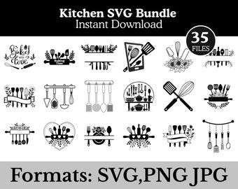 Paquete SVG de cocina: Paquete de imágenes prediseñadas en formato PNG y JPG, manualidades y diseño digital