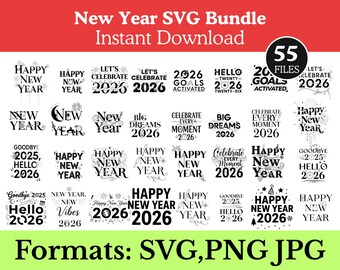 Paquete SVG de Año Nuevo: Diseños de fuegos artificiales de Año Nuevo en SVG y PNG, descarga digital navideña