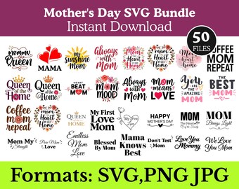 Paquete PNG del Día de la Madre: Archivos SVG para Cricut, frases digitales de "Mamá bendecida" en SVG